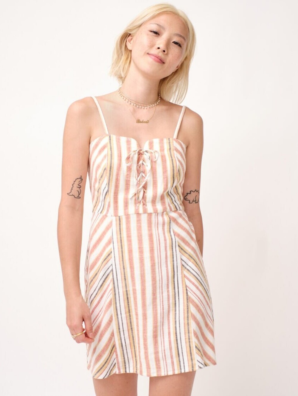 Aeropostale Womens Linen BlendStriped Sweetheart Lace-Up Slim Dress - Size Small